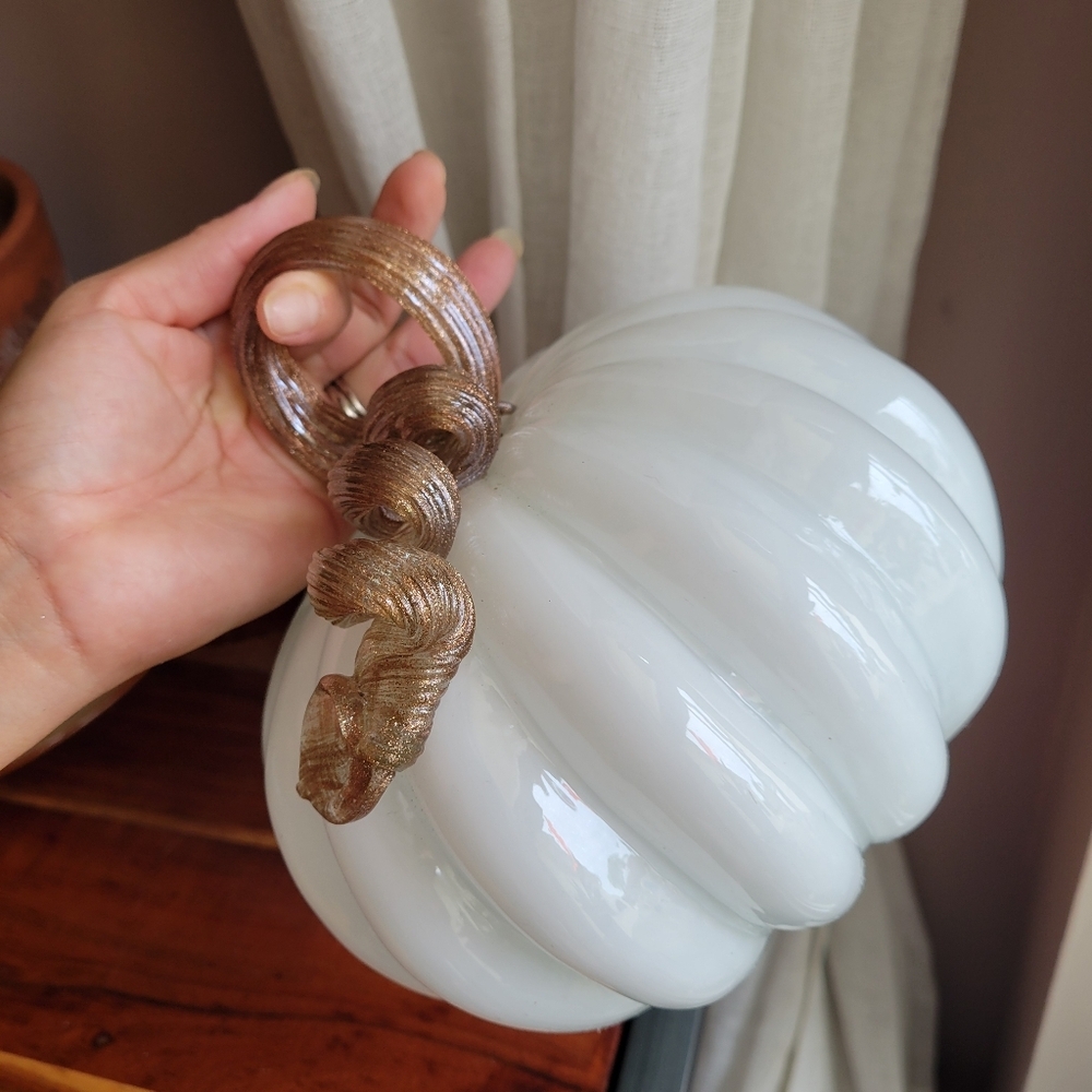 Hand Blown Glass Glossy Pumpkin: White , Gold Leaves Fall Decor Autumn - Picture 7 of 9